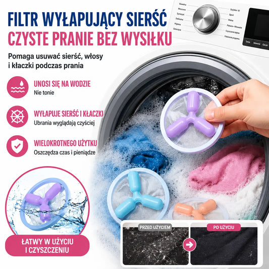 🌀 6 szt. tylko 89 zł! 🧺🐾 Koniec z sierścią na ubraniach! Pływające filtry do pralki – zbierają sierść, włosy i kłaczki podczas każdego prania ✨