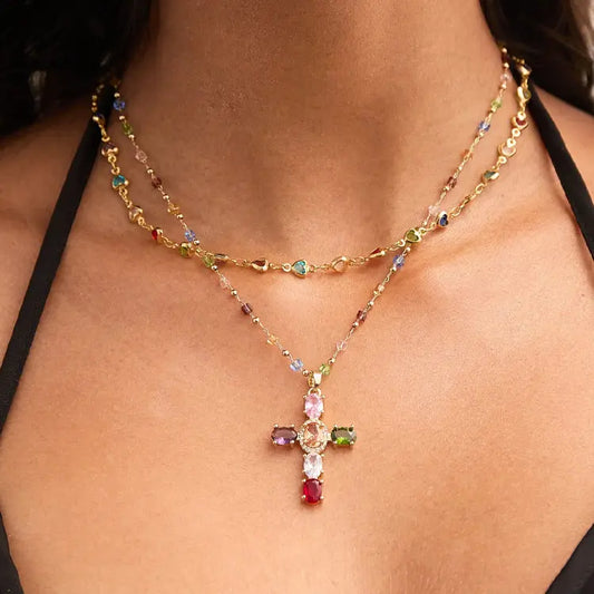 ✨✝️ KUP 1, DRUGI GRATIS! 🎁 Kolorowy naszyjnik z krzyżykiem z cyrkonii + eleganckie pudełko prezentowe 💎