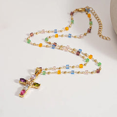 ✨✝️ KUP 1, DRUGI GRATIS! 🎁 Kolorowy naszyjnik z krzyżykiem z cyrkonii + eleganckie pudełko prezentowe 💎