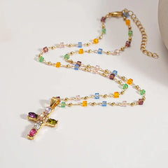 ✨✝️ KUP 1, DRUGI GRATIS! 🎁 Kolorowy naszyjnik z krzyżykiem z cyrkonii + eleganckie pudełko prezentowe 💎